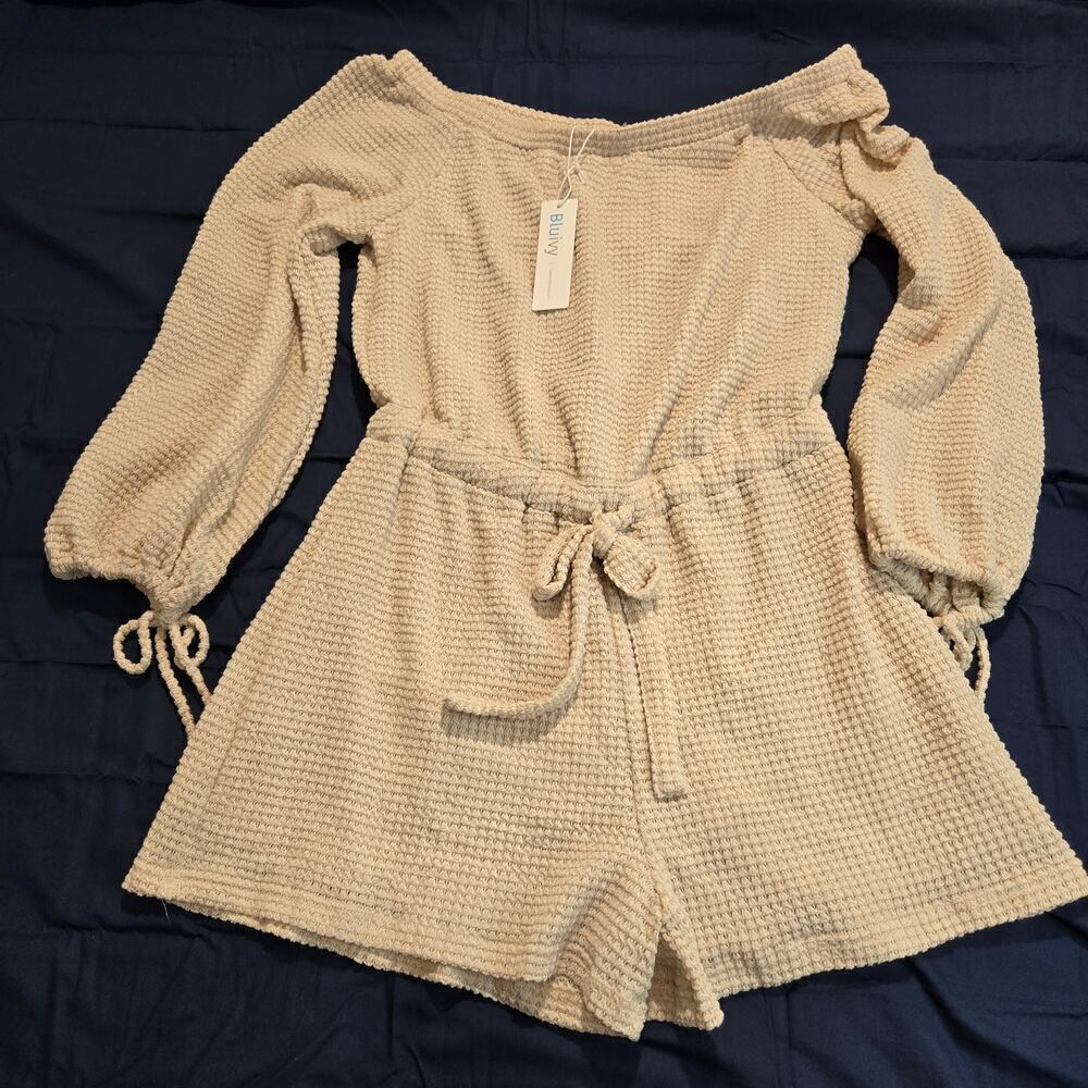 NWT Bluivy Waffle Knit Off-the-shoulder Romper with Drawstring Sleeve Size M